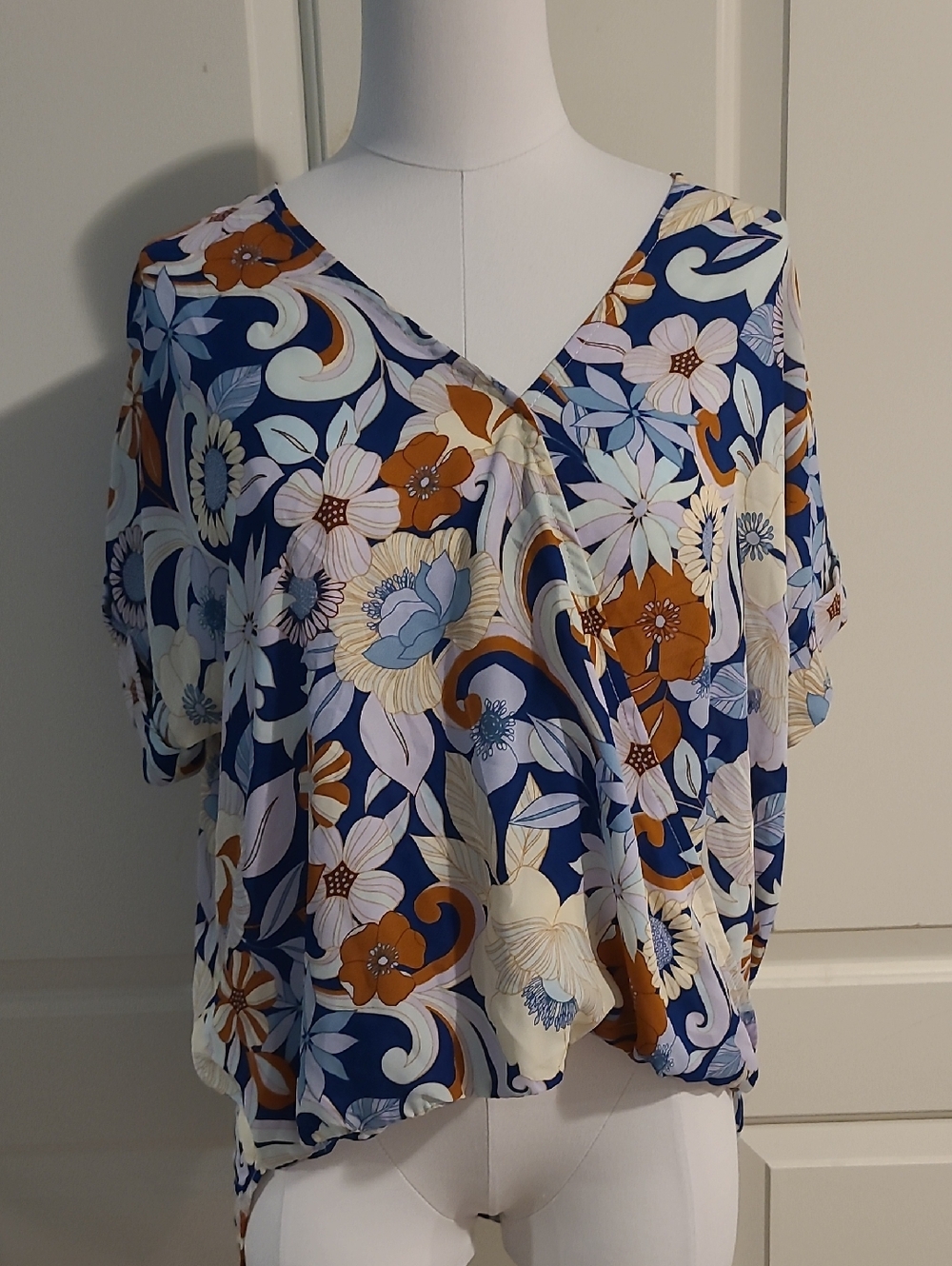 NWT Jenny Boston Colorful Floral Wrap Style Blouse